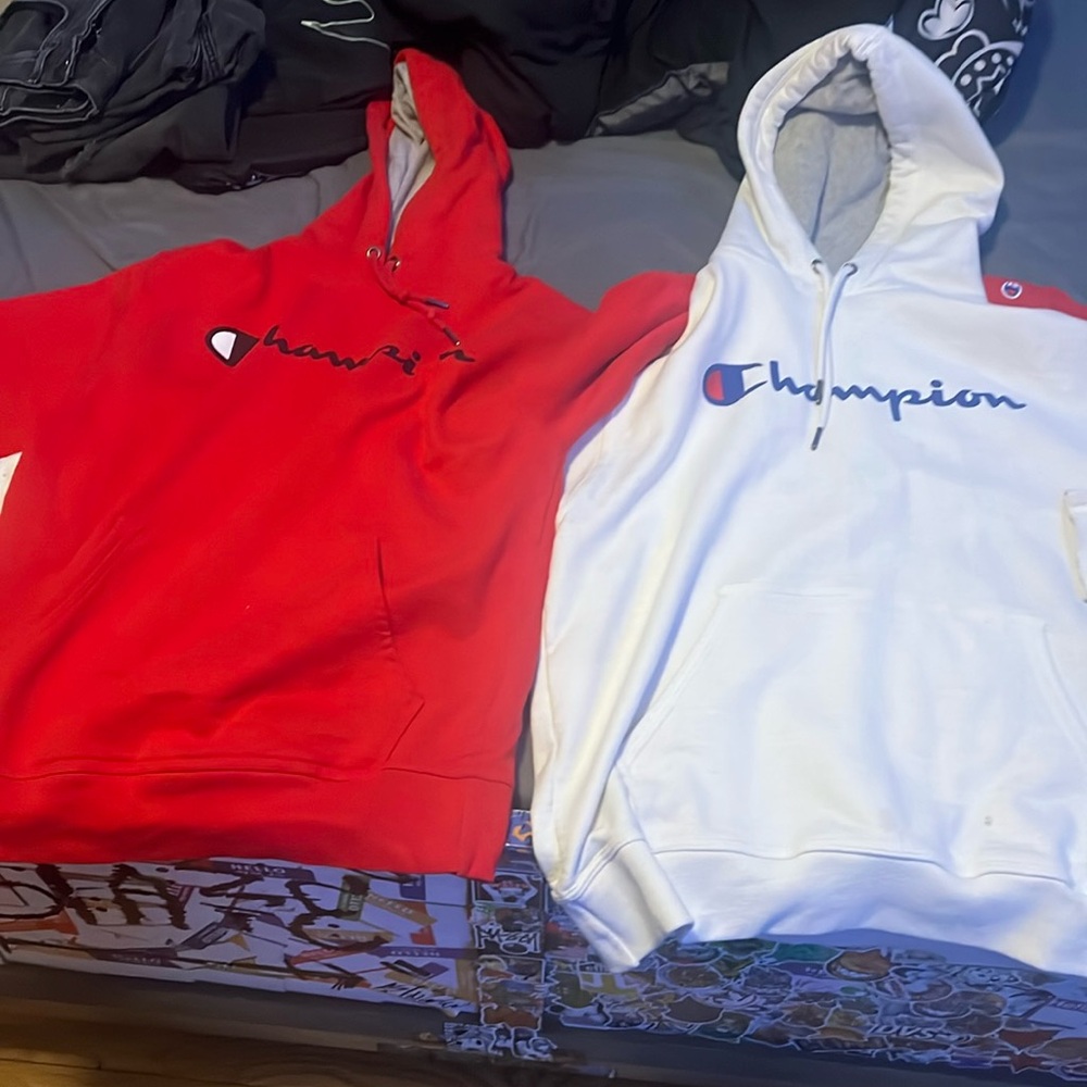 Red And White champion hoodies both come 100% Authenctic